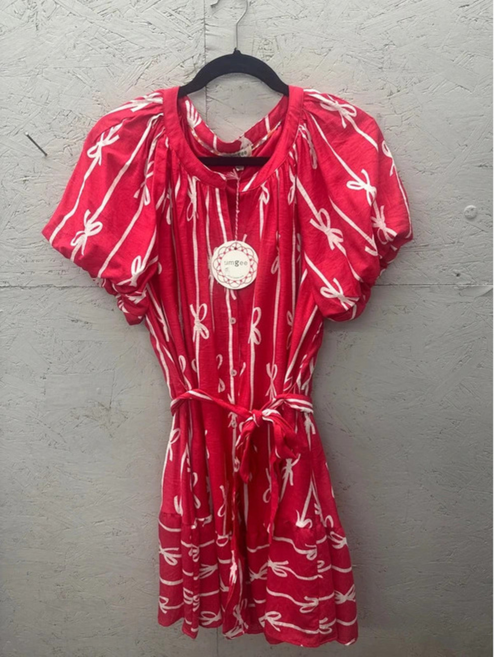 Umgee Pink & White Bow Print Puff Sleeve Dress NWT